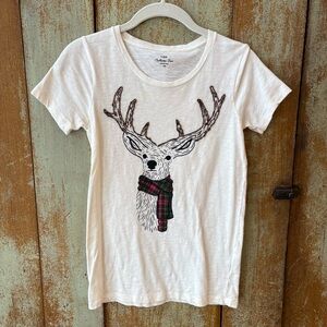 J. Crew Cream Tee with Deer and Plaid Scarf